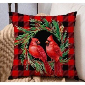 Red Cardinals Pillow Cover Buffalo Plaid Wreath Design